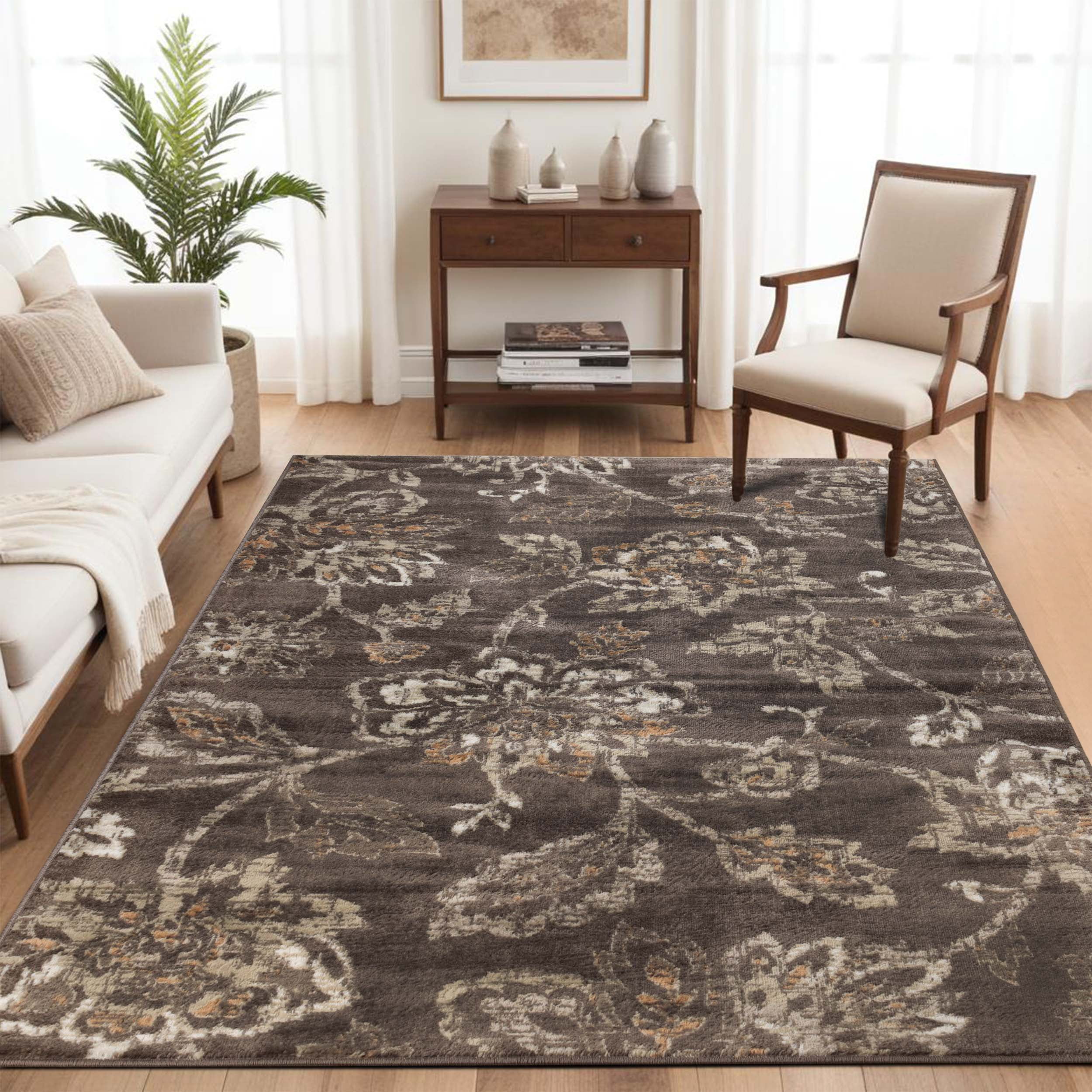 Superior Jacobean Floral Indoor Area Rug, 9' x 12', Taupe