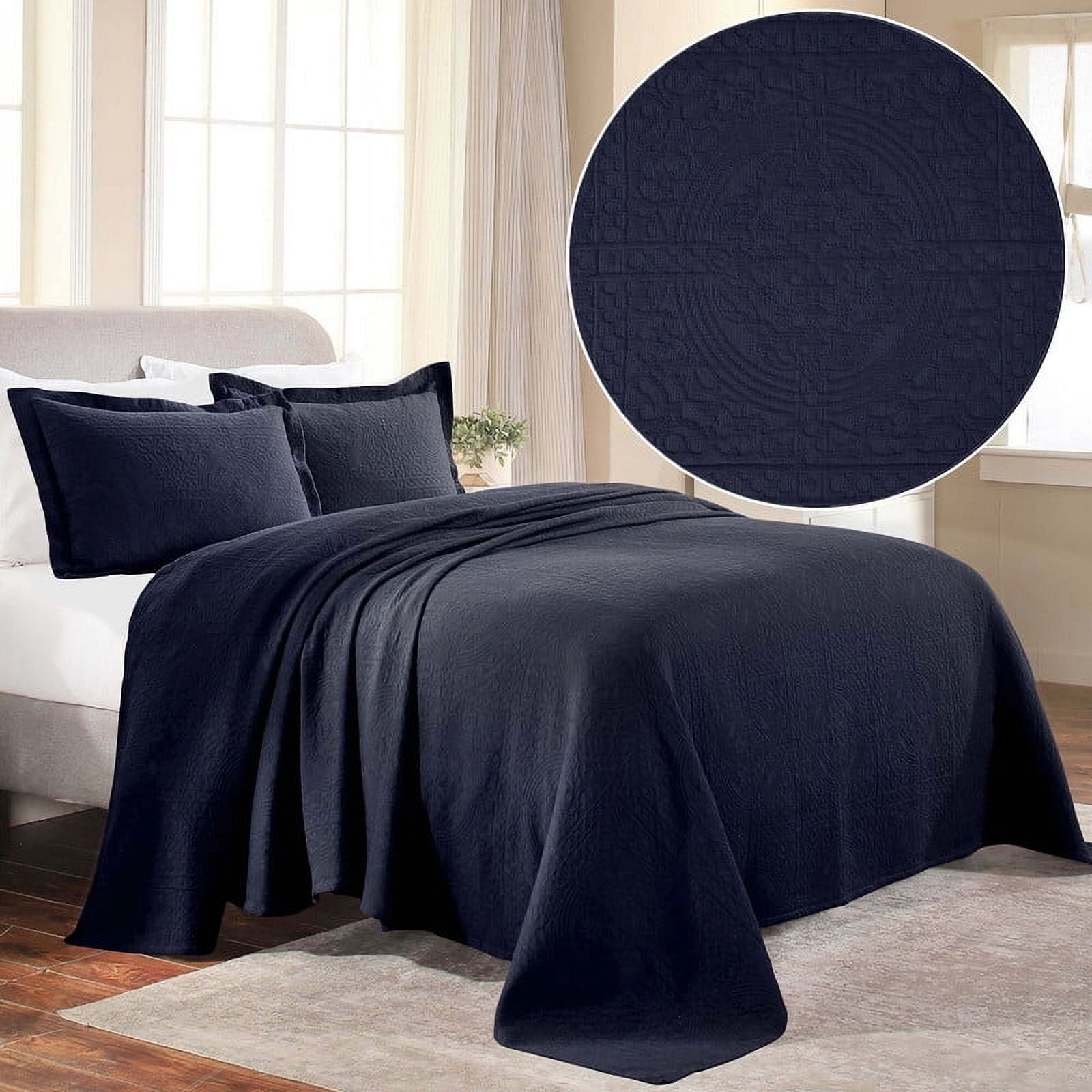Navy Blue Cotton Twin Bedspread Set with Pillow Shams