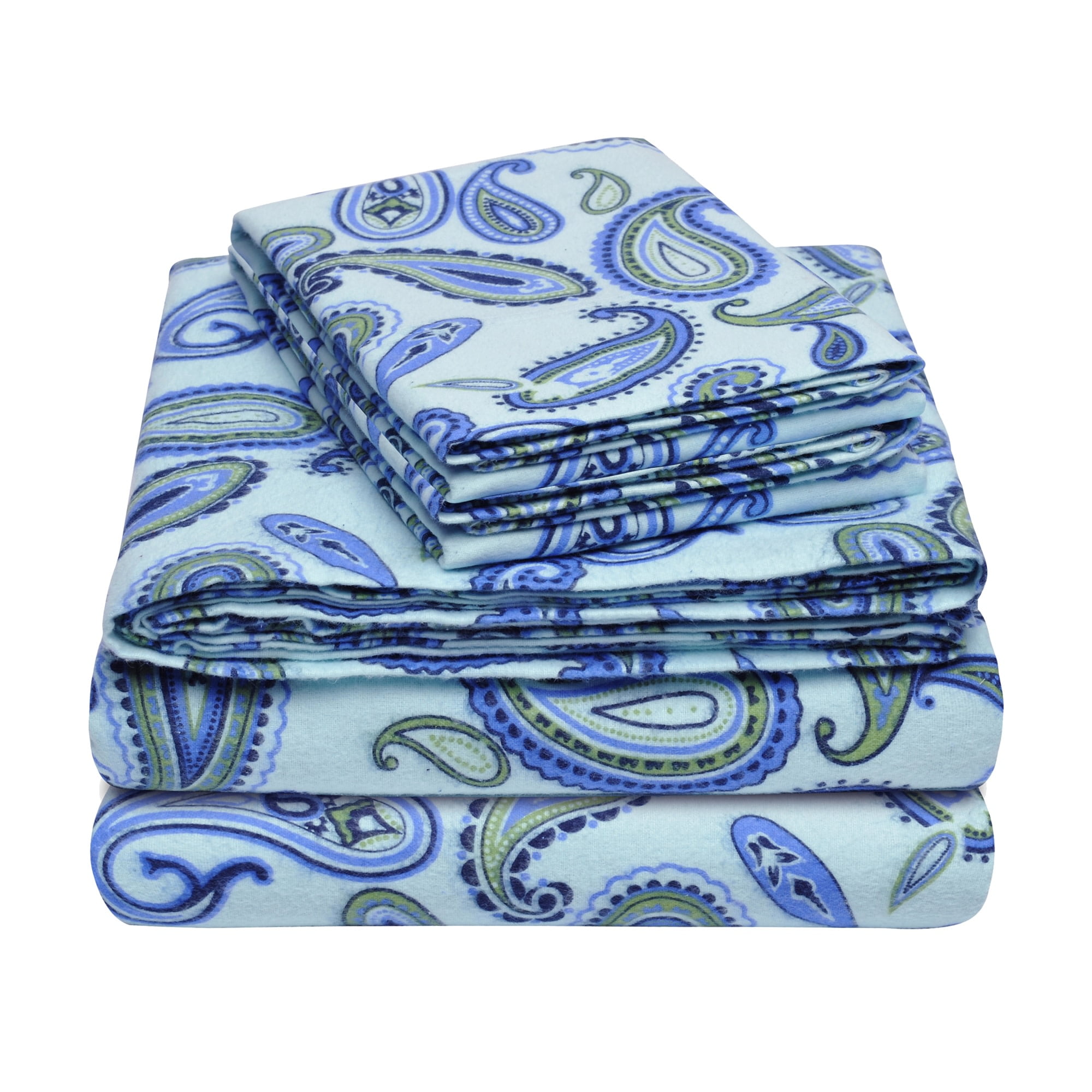 Light Blue Paisley Cotton Flannel King Sheet Set