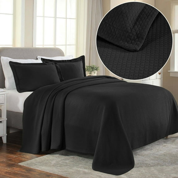 Superior Solitaire Cotton Decorative Bedspread and Sham Set, Twin, Black