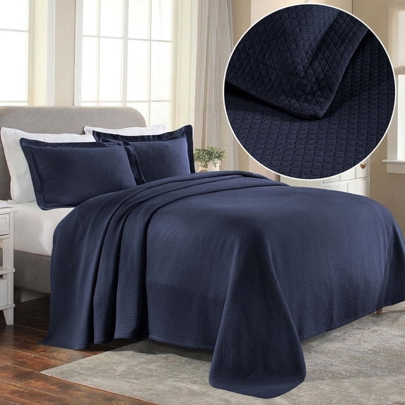 Superior Solitaire Cotton Decorative Bedspread and Sham Set, Twin, Navy Blue