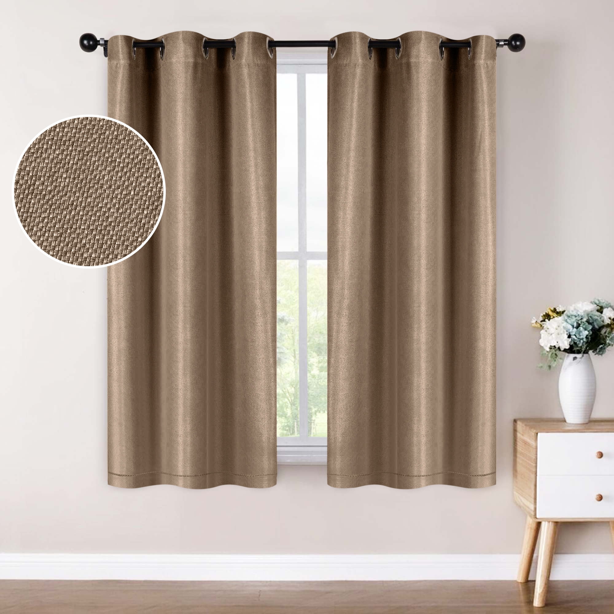 Superior Jaxon Blackout Curtains Set of 2, Grommet Header Curtain Panel Pair, 42"W x 63"L, Tan