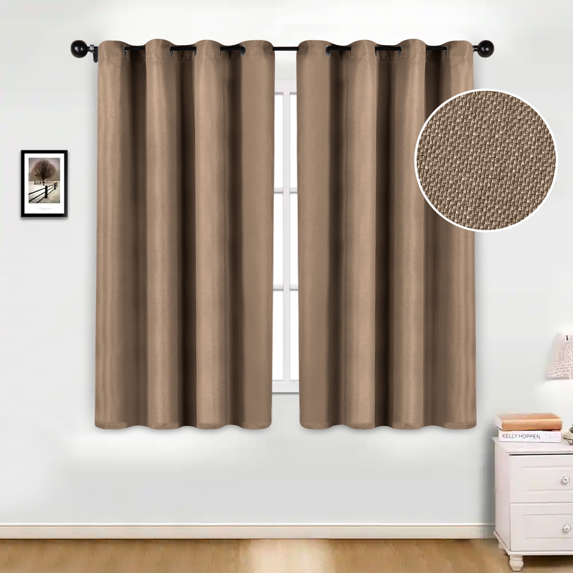 Superior Jaxon Blackout Curtains Set of 2, Grommet Header Curtain Panel Pair, 52"W x 63"L, Tan