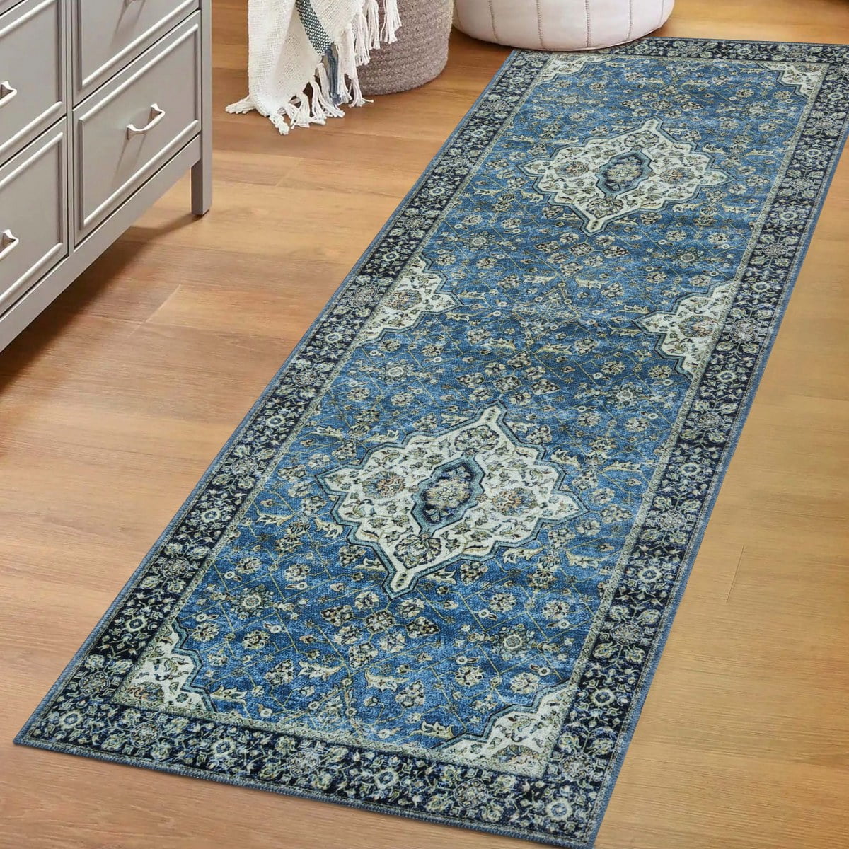 Superior Jay Medallion Bordered Washable Indoor Runner Rug, 2' 7" x 8', Blue