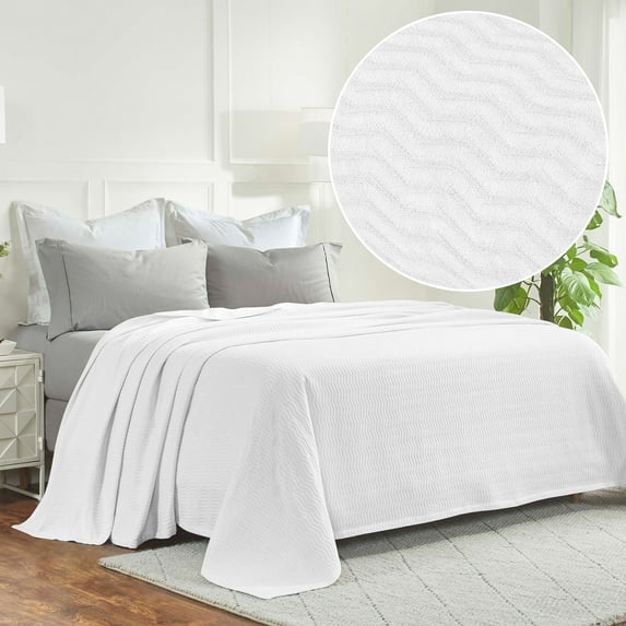 Superior Jena Cotton Textured Chevron Woven Blanket, Full/Queen, White