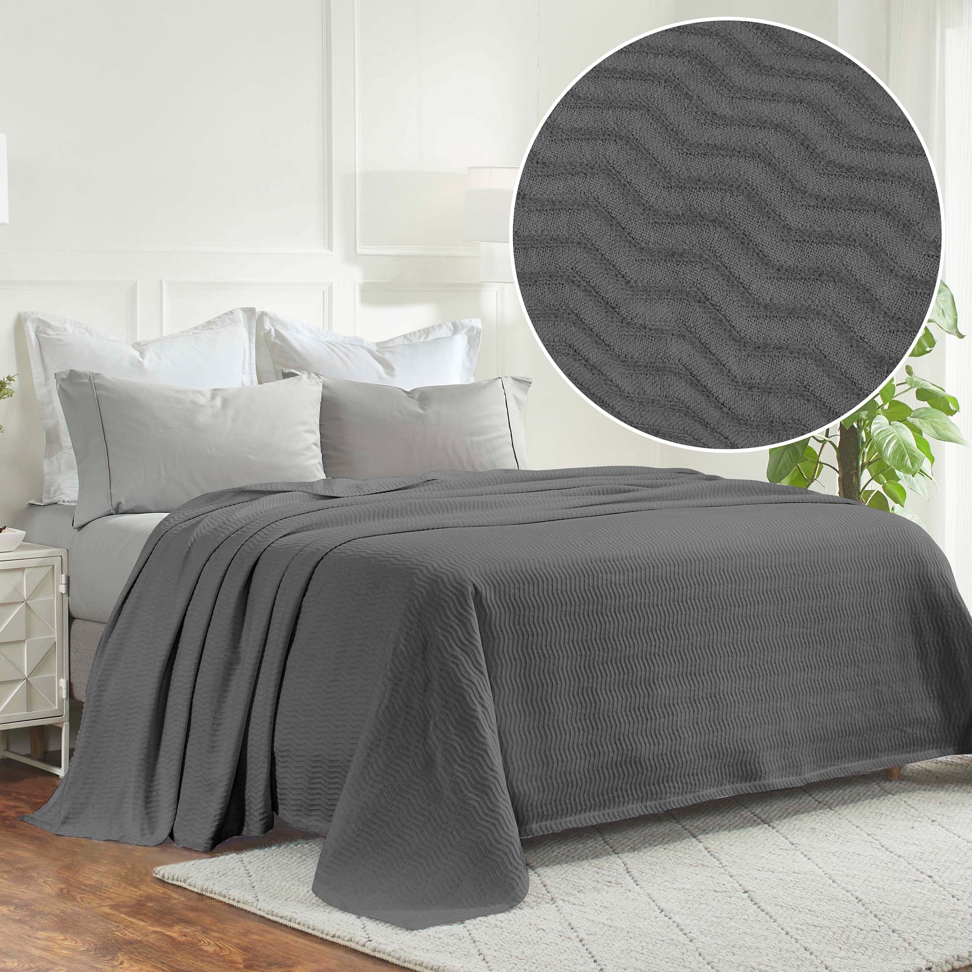 Superior Jena Cotton Textured Chevron Woven Blanket, King, Charcoal