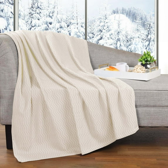Superior Jena Cotton Textured Chevron Woven Blanket, Throw, Ivory