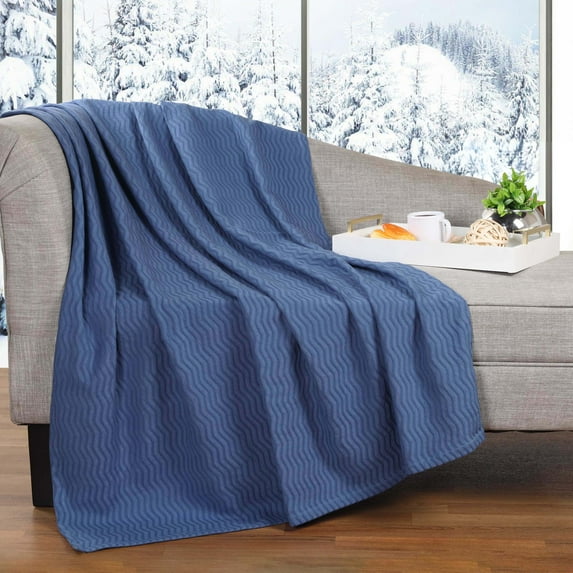Superior Jena Cotton Textured Chevron Woven Blanket, Throw, Merritt Blue