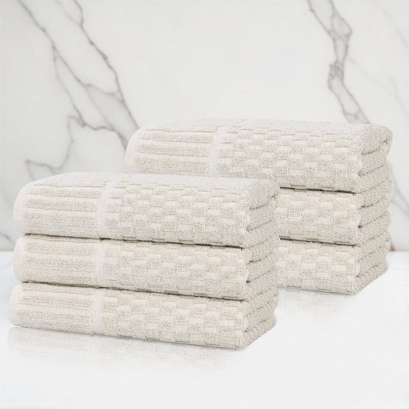 Beige Cotton Blend Textured Checkered Hand Towels, 30" x 16"