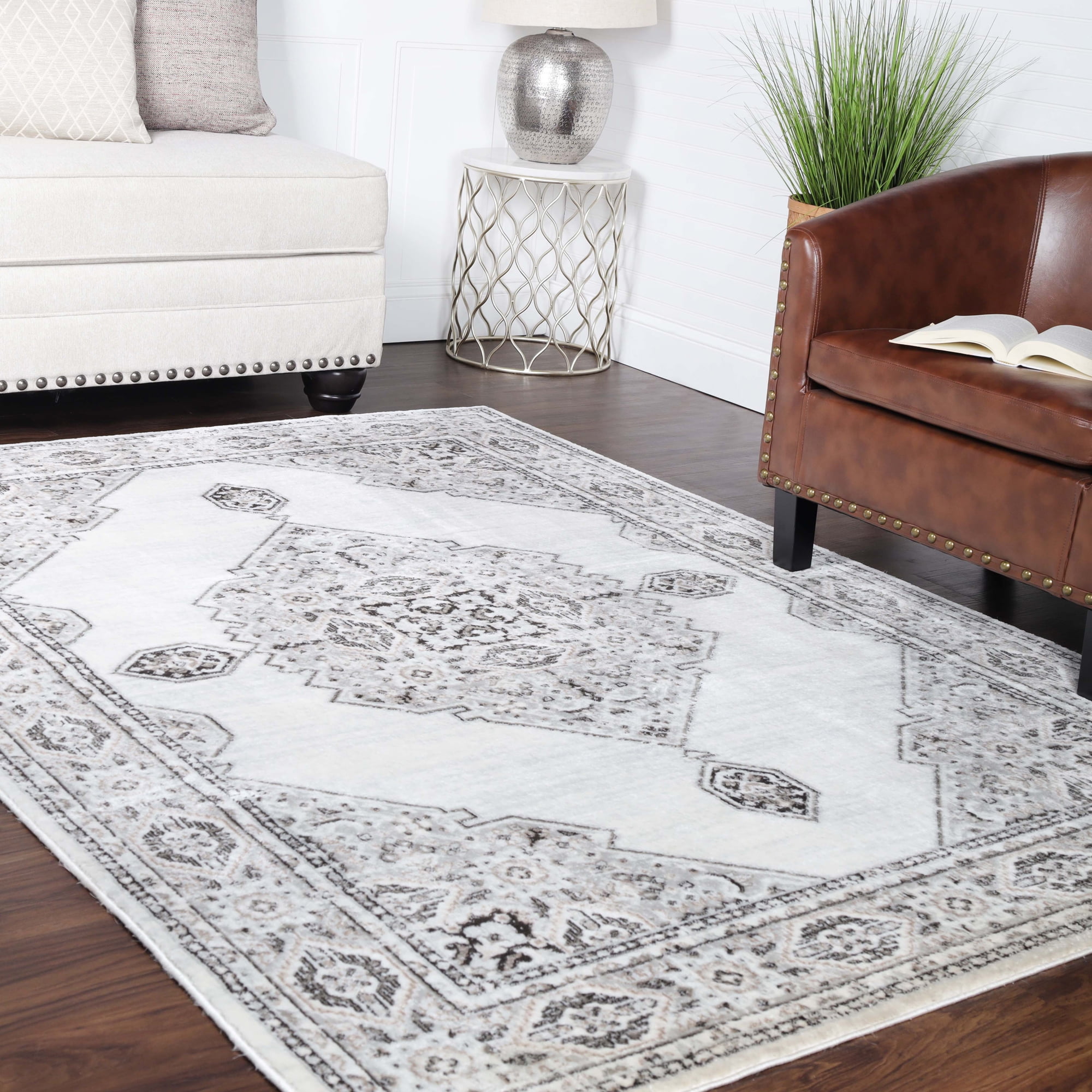Cream-Grey Medallion Synthetic Washable 5' x 7' Area Rug
