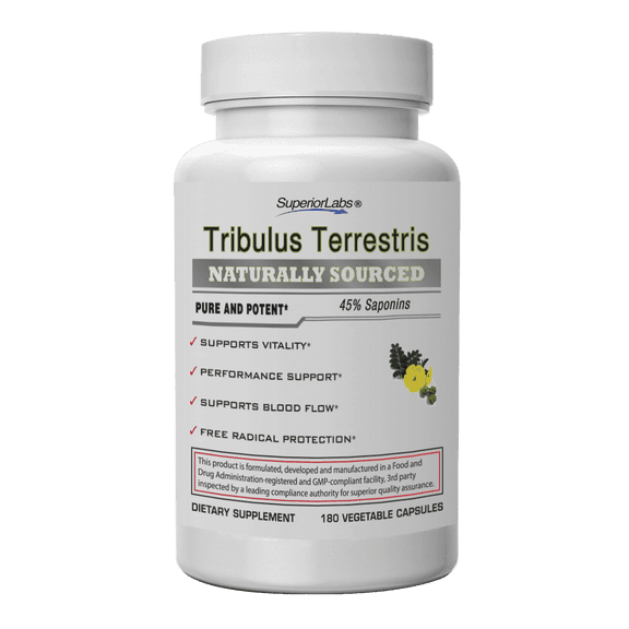 Superior Labs Tribulus Terrestris Testosterone Booster Cortisol Blocker 45% Steroidal Saponins 1500mg with BioPerine, Vegetable Caps, Gluten-Free, 180 Count