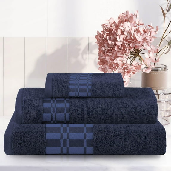 Superior Larissa 3-Piece Cotton Embroidered Towel Set, Navy Blue