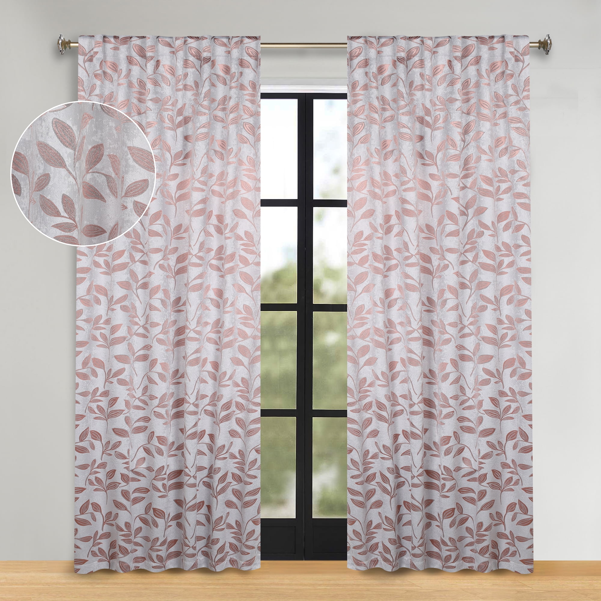 Superior Blackout Leaves Back Tab Curtains Set of 2, Light Filtering Curtain Panel Set, Champagne, 52"W x 108"L