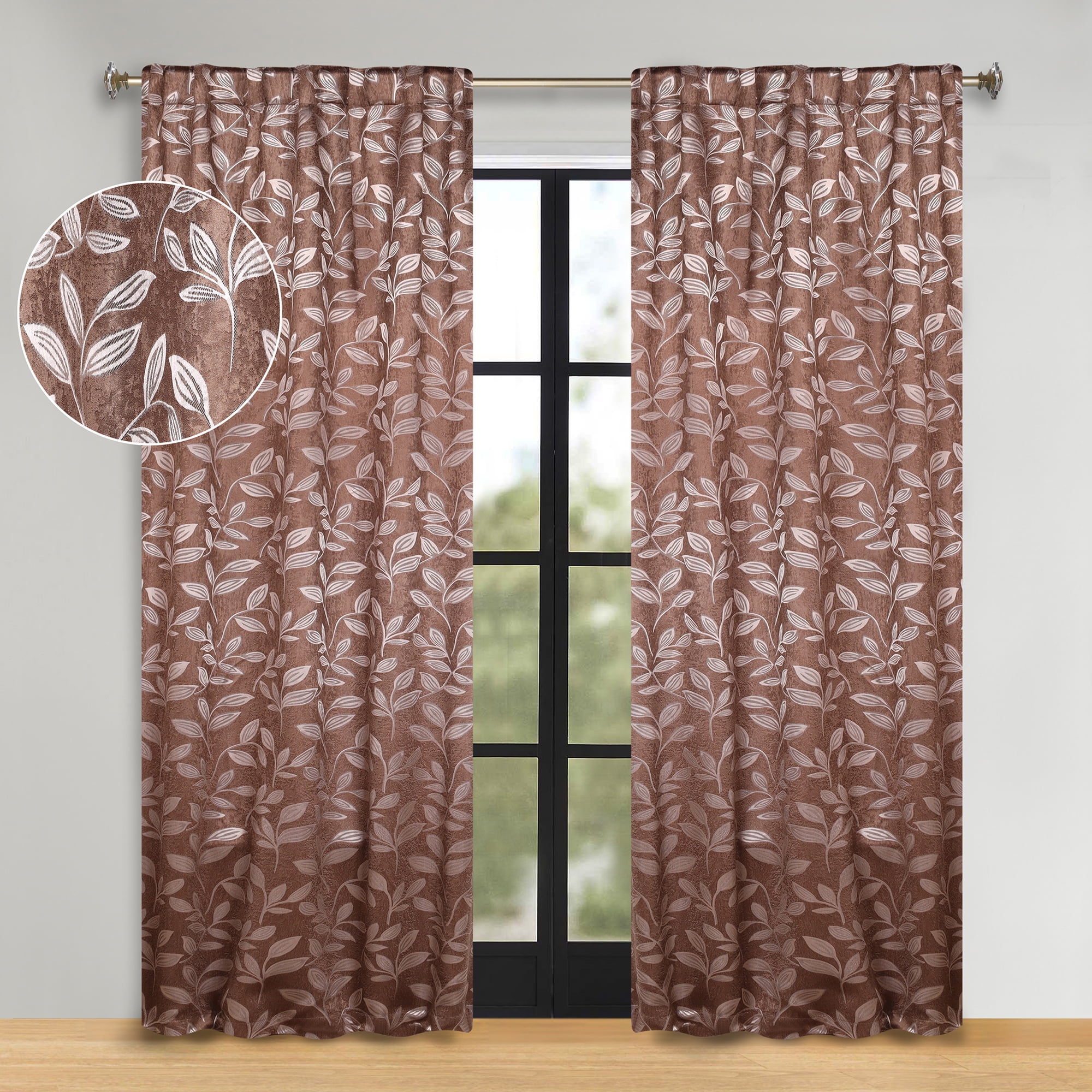 Superior Blackout Leaves Back Tab Curtains Set of 2, Light Filtering Curtain Panel Set, Cooper, 52"W x 108"L