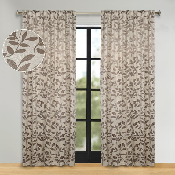Superior Blackout Leaves Light Filtering Back Tab Curtain Panel Set, 52"x108", Espresso