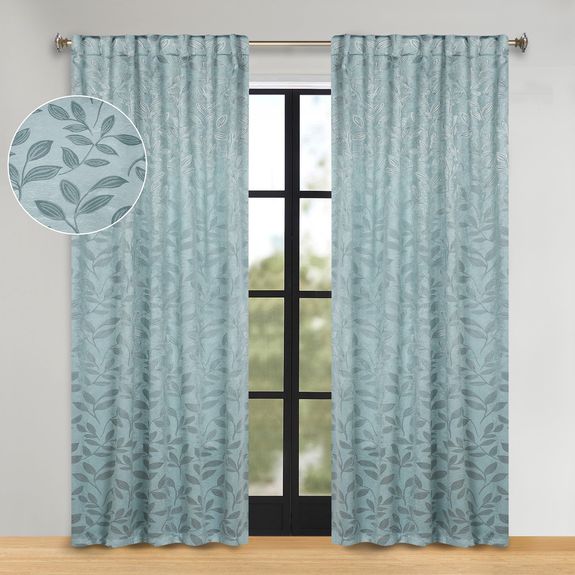 Superior Blackout Leaves Back Tab Curtains Set of 2, Light Filtering Curtain Panel Set, Green Lily, 52"W x 108"L