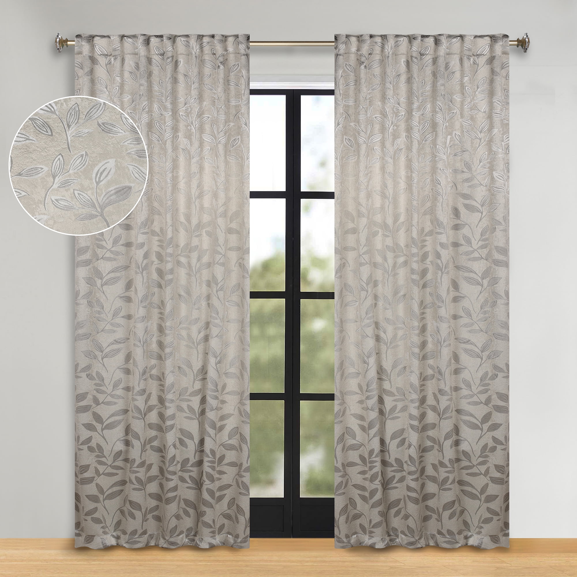 Ivory Polyester Blackout Curtains with Leaf Design, 52" x 108"