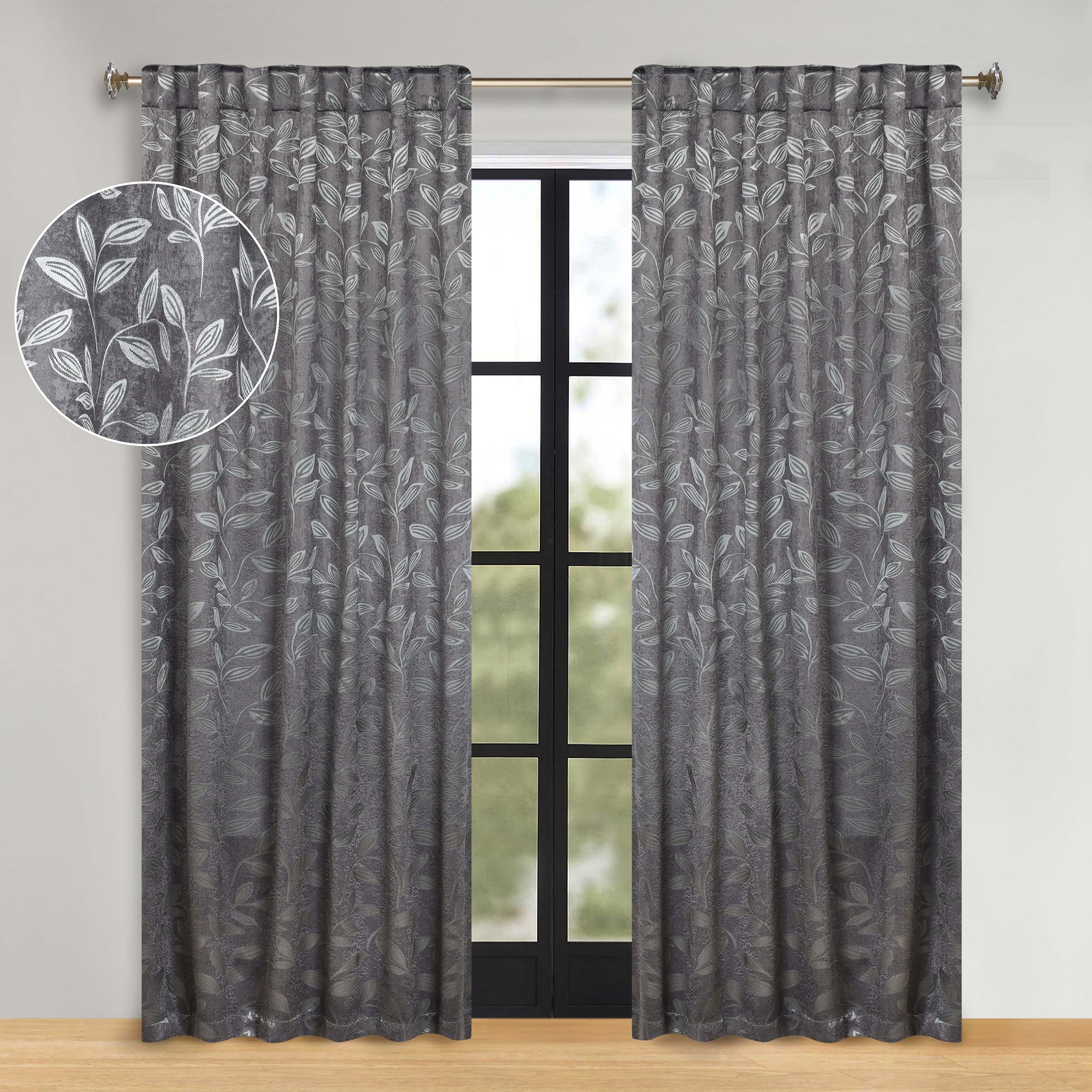 Superior Blackout Leaves Back Tab Curtains Set of 2, Light Filtering Curtain Panel Set, Nickel Black, 52"W x 108"L