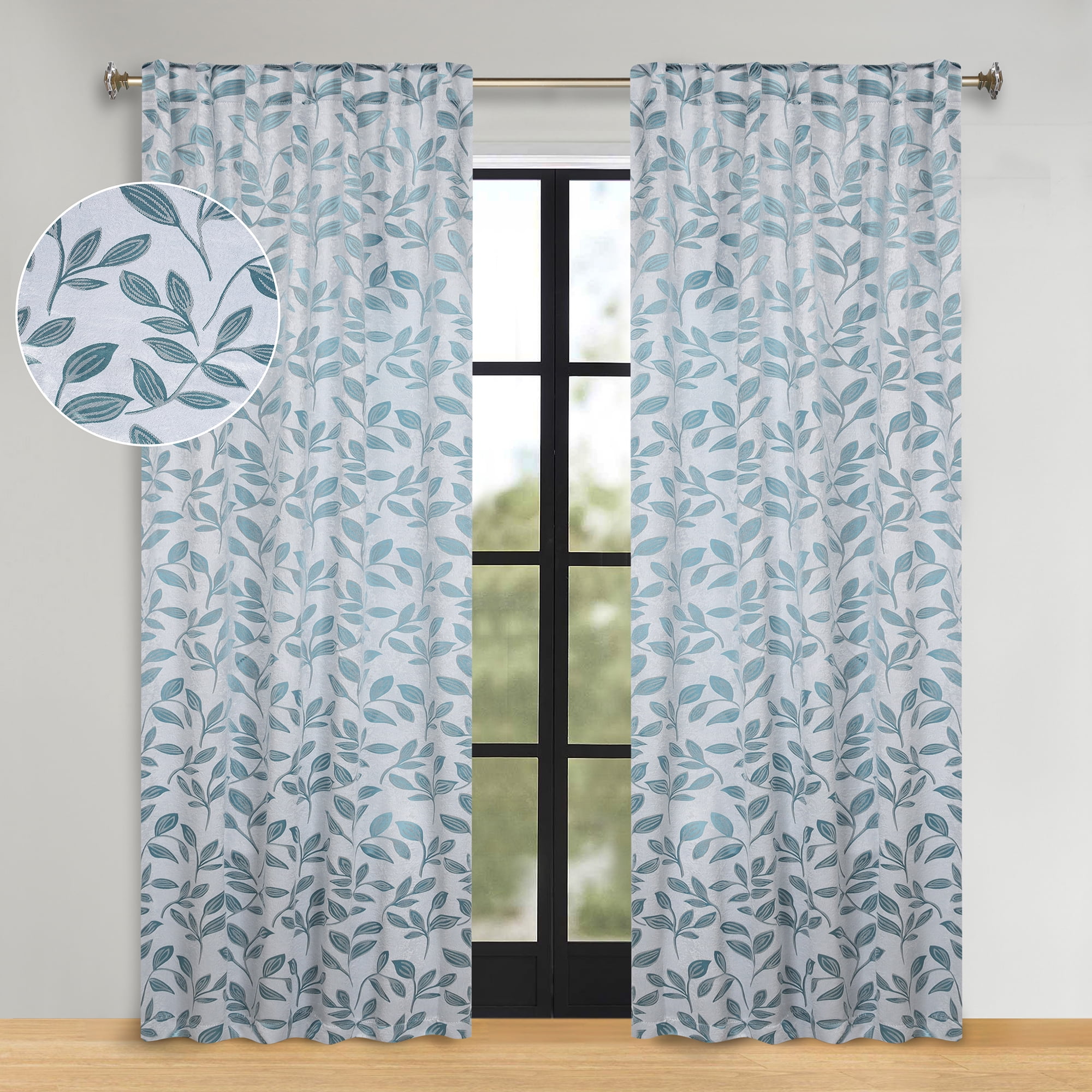 Superior Leaves Blackout Back Tab Curtains - Teal - Walmart.com