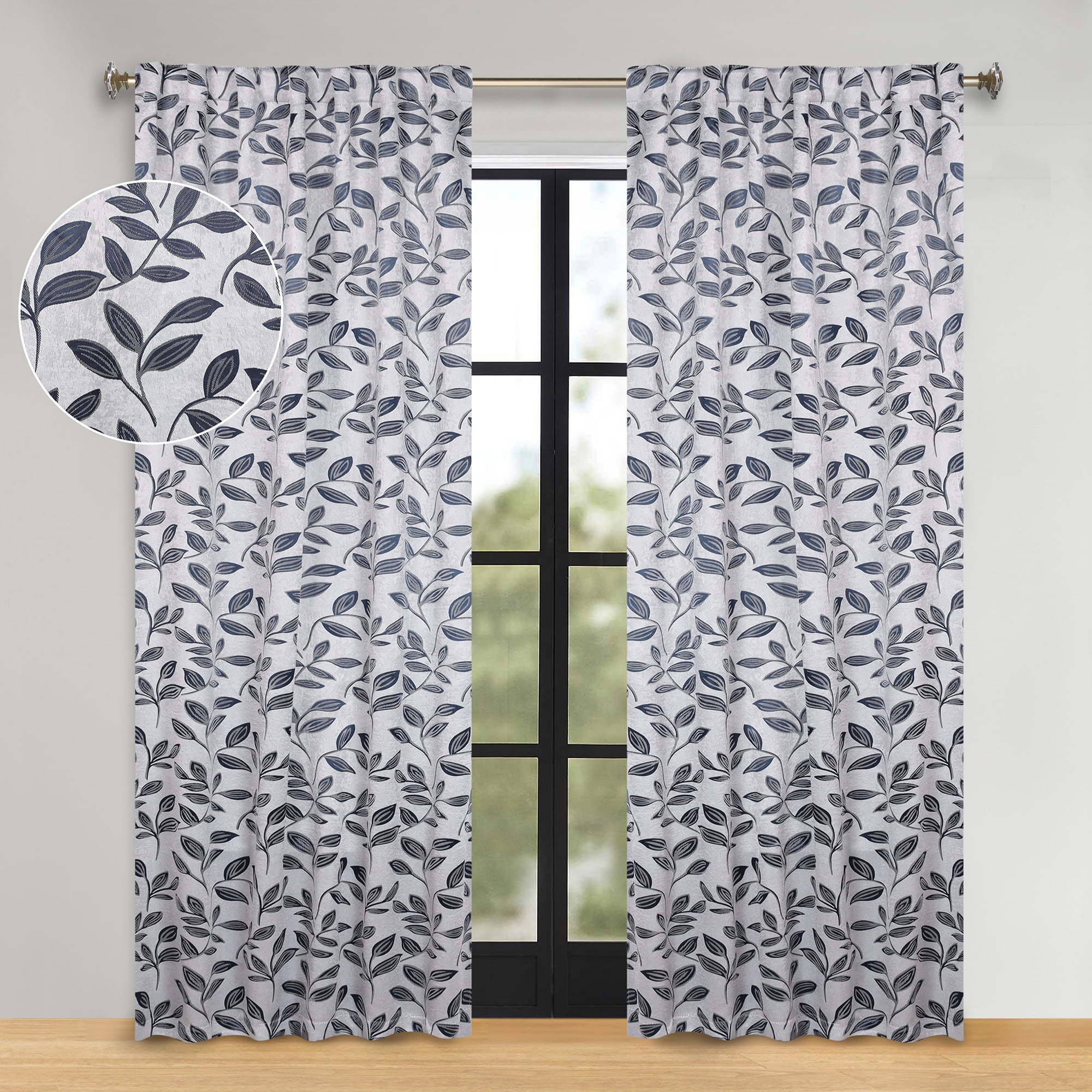 Superior Blackout Leaves Back Tab Curtains Set of 2, Light Filtering Curtain Panel Set, White-Navy Blue, 52"W x 108"L