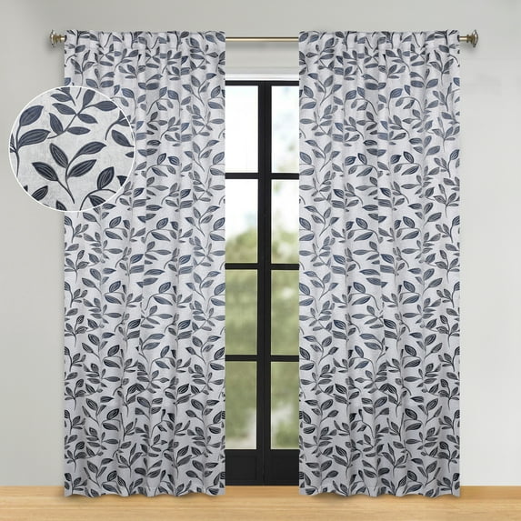 Superior Blackout Leaves Light Filtering Back Tab Curtain Panel Set, 52"x108", White-Navy Blue