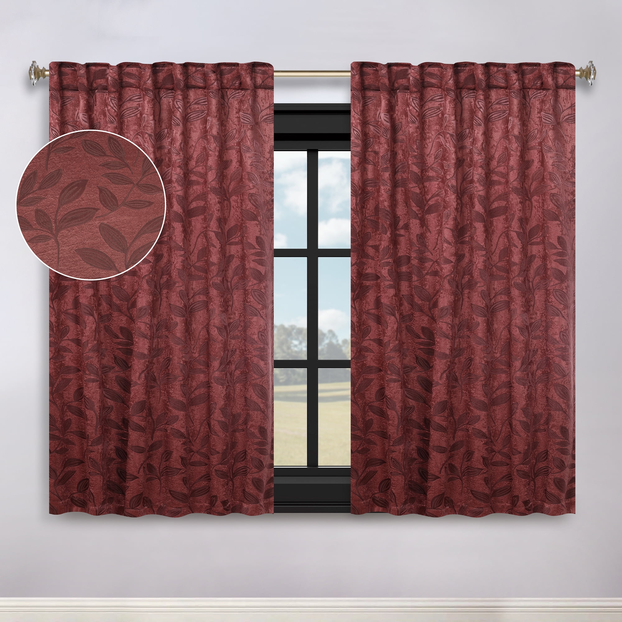 Superior Blackout Leaves Back Tab Curtains Set of 2, Light Filtering Curtain Panel Set, Antique Copper, 52"W x 63"L