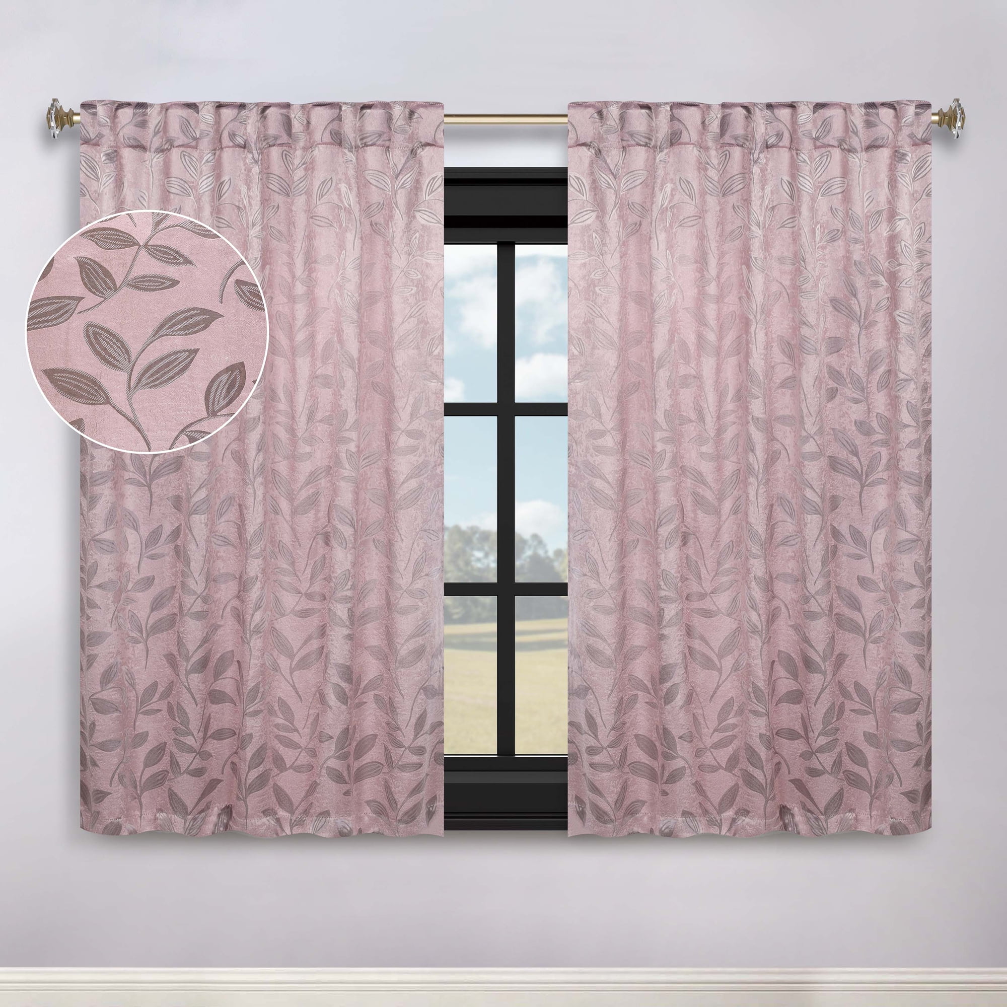 Blush Polyester Leaves Blackout Back Tab Curtains, 52" x 63"