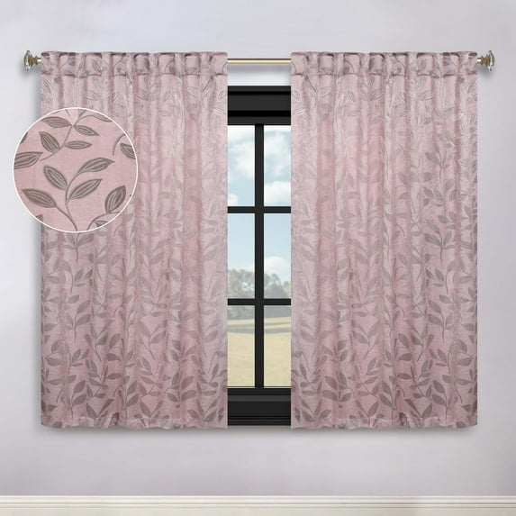Superior Blackout Leaves Light Filtering Back Tab Curtain Panel Set, 52"x63", Blush