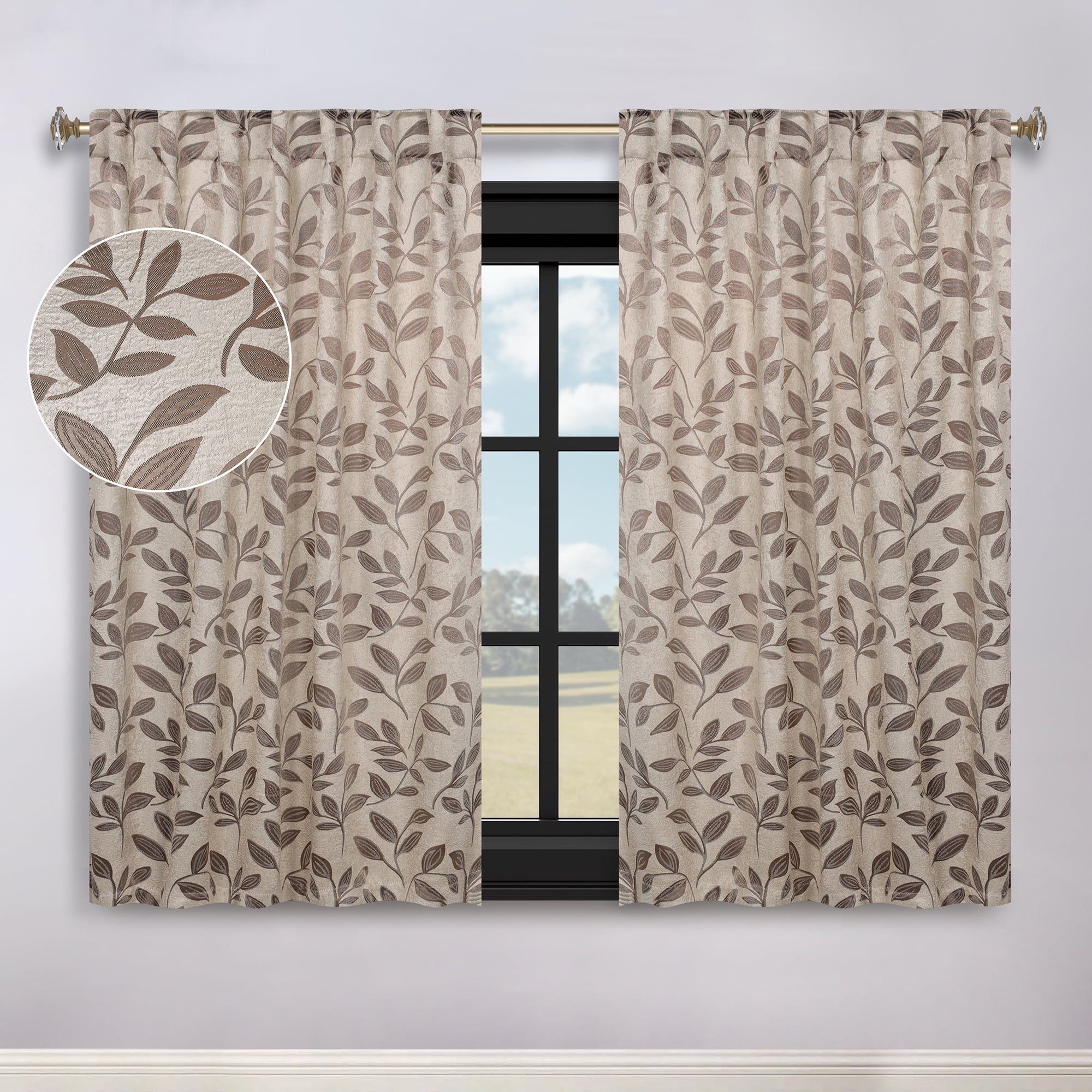 Superior Blackout Leaves Back Tab Curtains Set of 2, Light Filtering Curtain Panel Set, Espresso, 52"W x 63"L