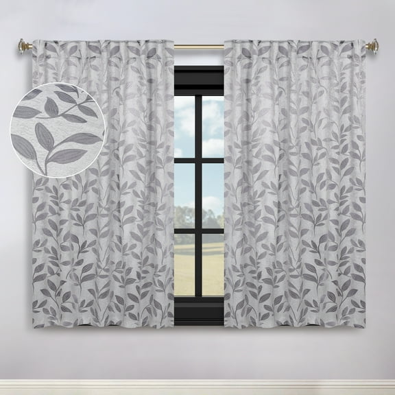 Superior Blackout Leaves Back Tab Curtains Set of 2, Light Filtering Curtain Panel Set, Grey, 52"W x 63"L