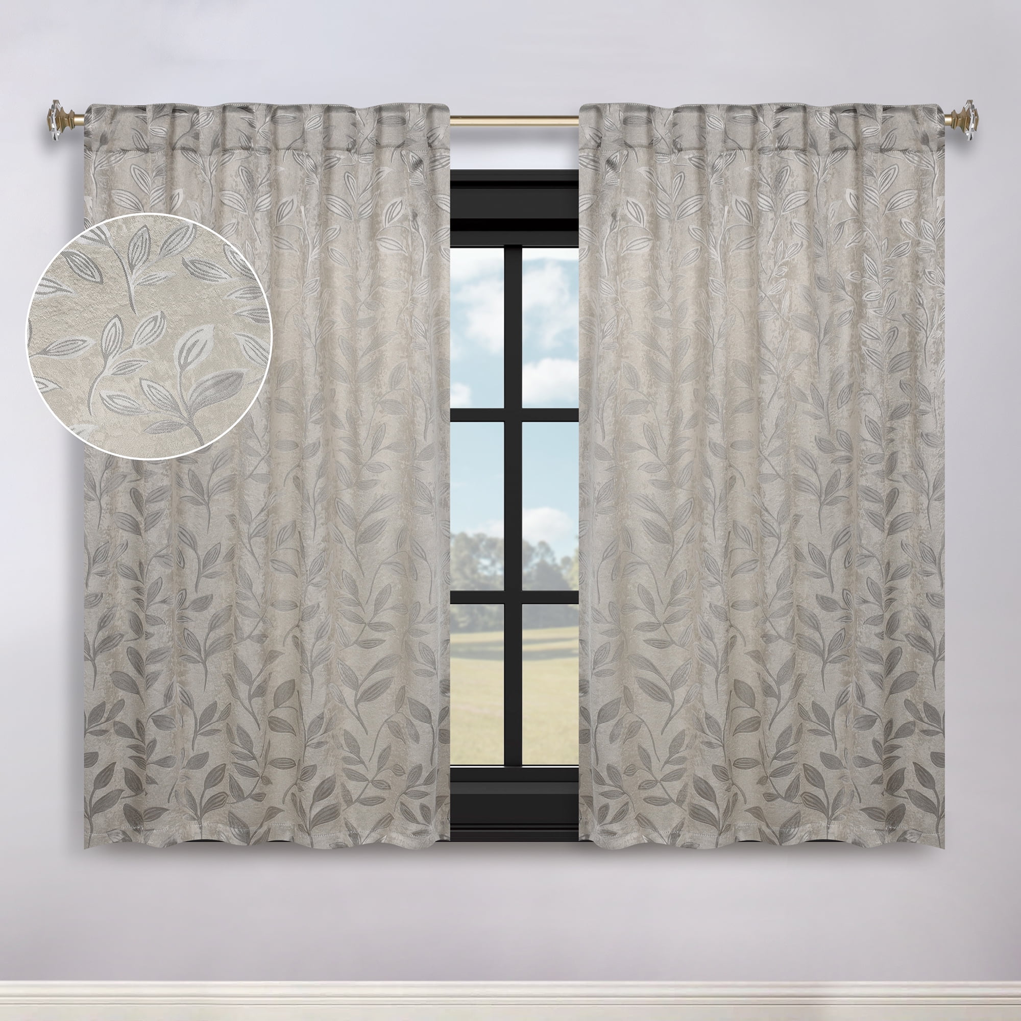 Superior Blackout Leaves Back Tab Curtains Set of 2, Light Filtering Curtain Panel Set, Ivory, 52"W x 63"L