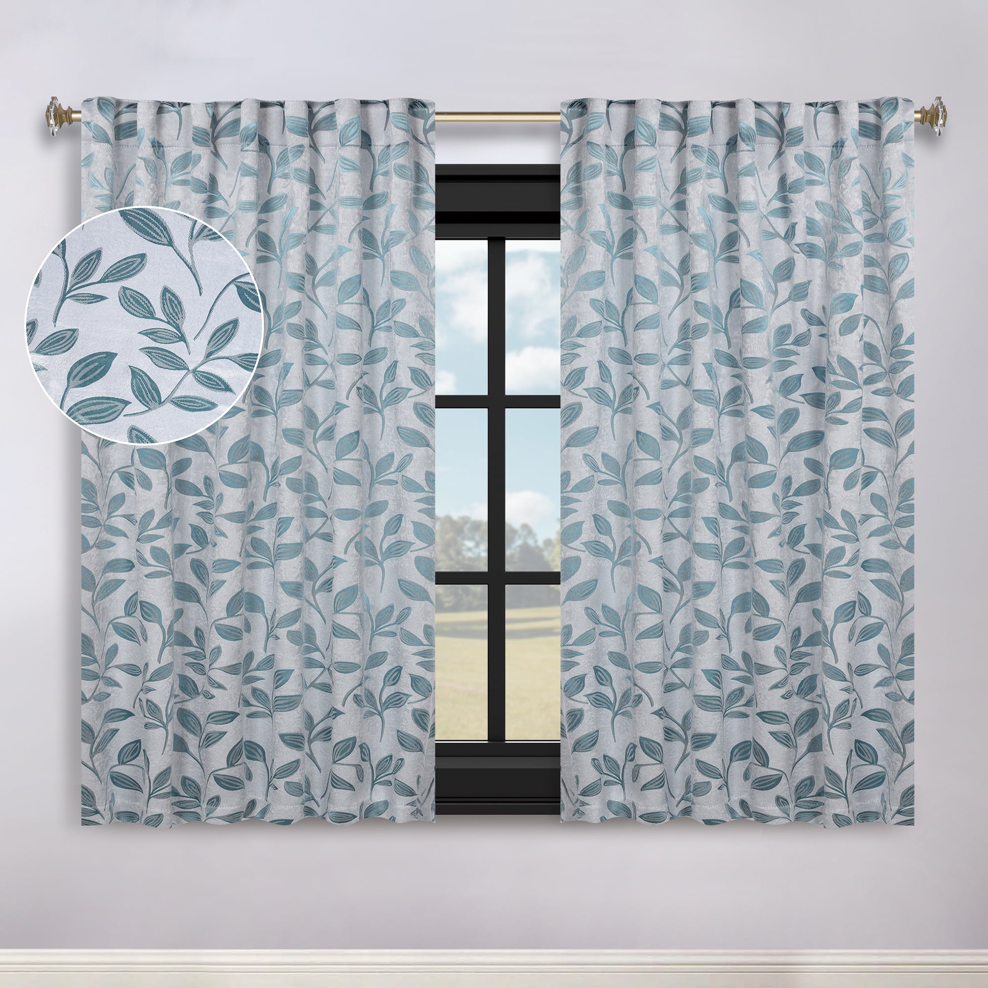 Teal Polyester Blackout Curtains with Leaf Pattern, 52" x 63"