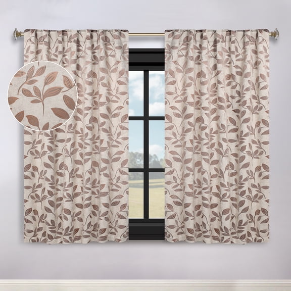 Superior Blackout Leaves Back Tab Curtains Set of 2, Light Filtering Curtain Panel Set, White-Copper, 52"W x 63"L