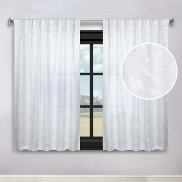 Superior Leaves Blackout Back Tab Curtains, Set of 2, 52" x 63", White/White