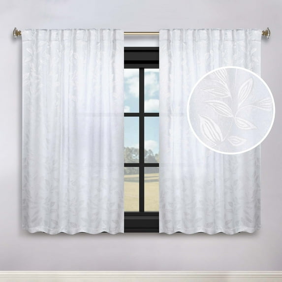 Superior Blackout Leaves Light Filtering Back Tab Curtain Panel Set, 52"x63", White-White
