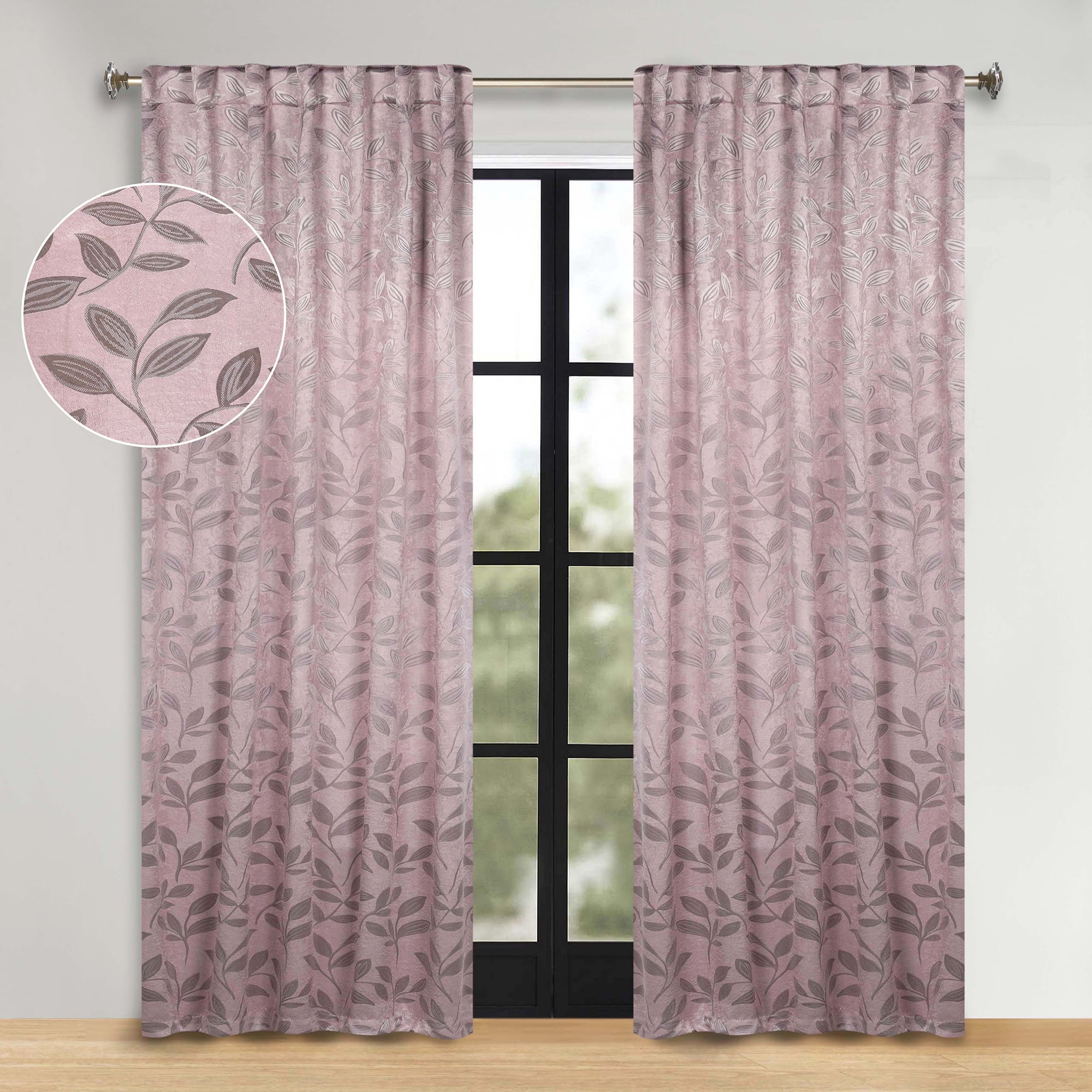 Superior Blackout Leaves Back Tab Curtains Set of 2, Light Filtering Curtain Panel Set, Blush, 52"W x 84"L