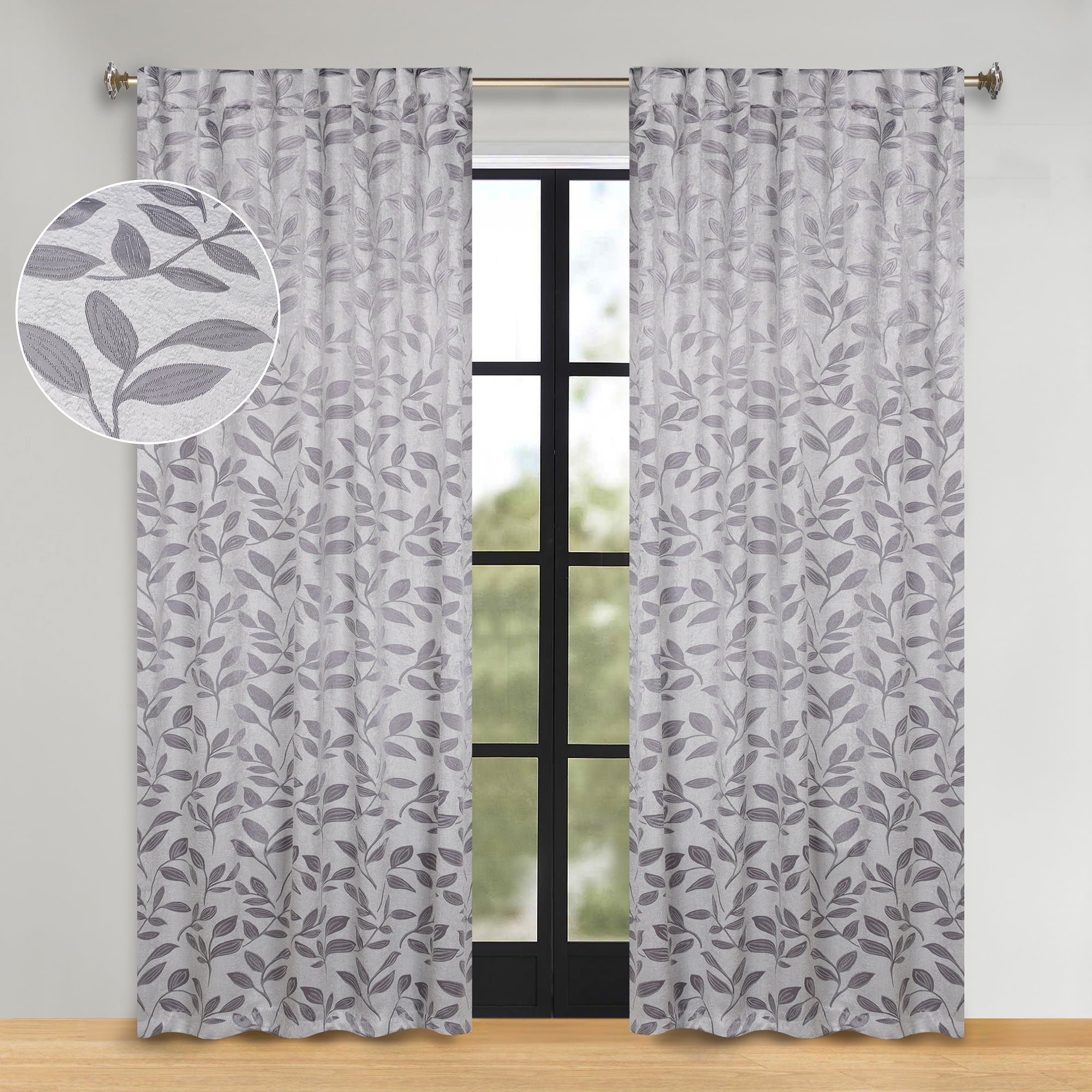 Superior Blackout Leaves Back Tab Curtains Set of 2, Light Filtering Curtain Panel Set, Grey, 52"W x 84"L