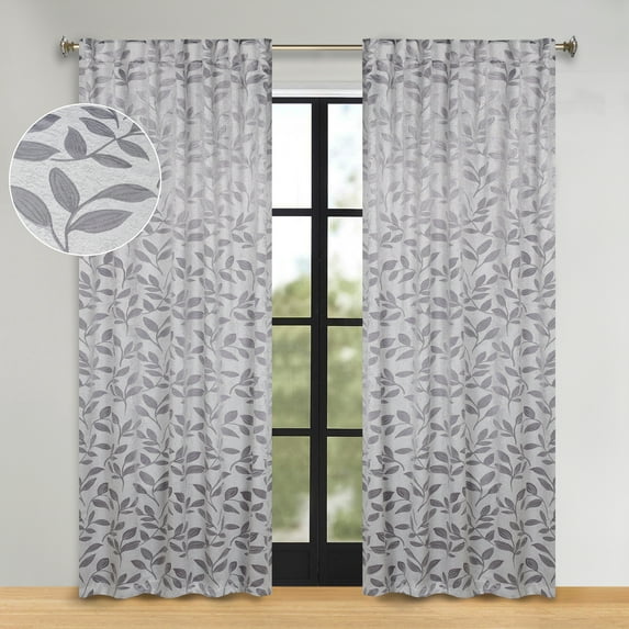 Superior Blackout Leaves Light Filtering Back Tab Curtain Panel Set, 52"x84", Grey