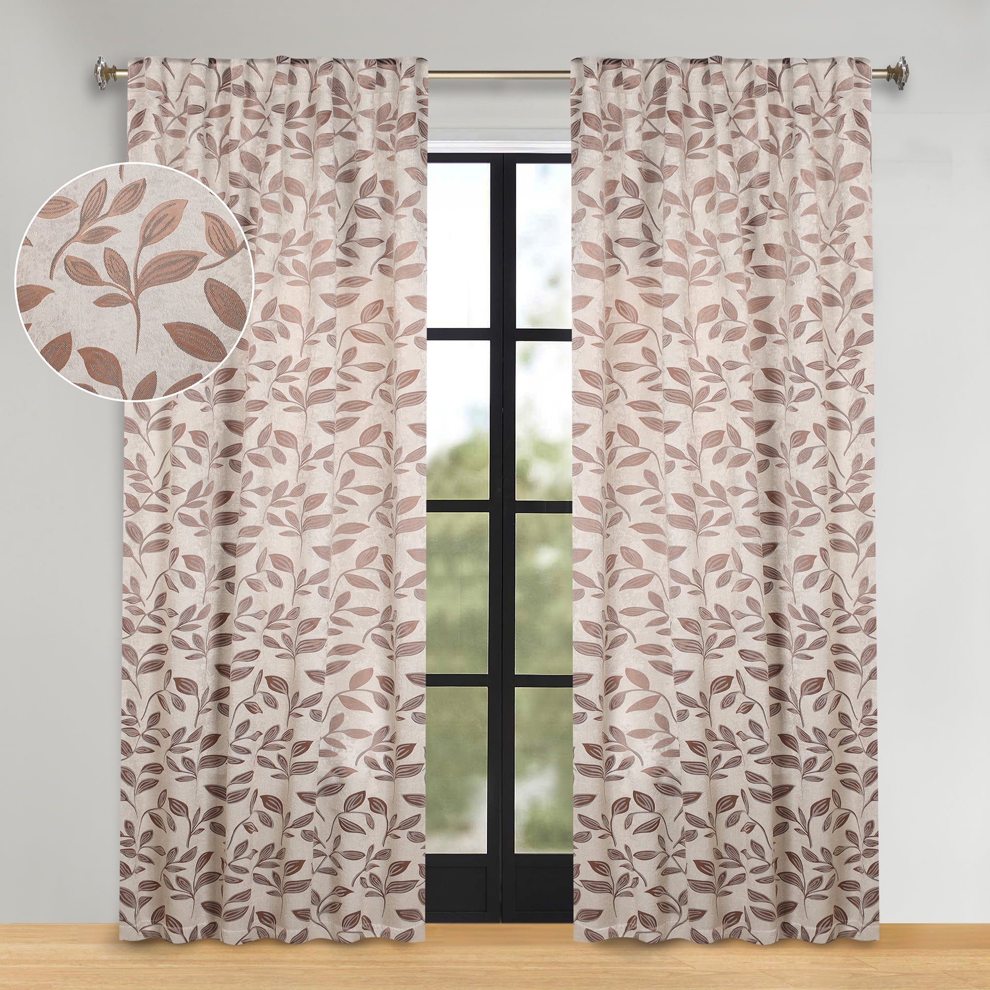 Superior White and Copper Polyester Blackout Curtains with Leaf Design, 52" x 84"