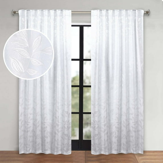 Superior Blackout Leaves Light Filtering Back Tab Curtain Panel Set, 52"x84", White-White