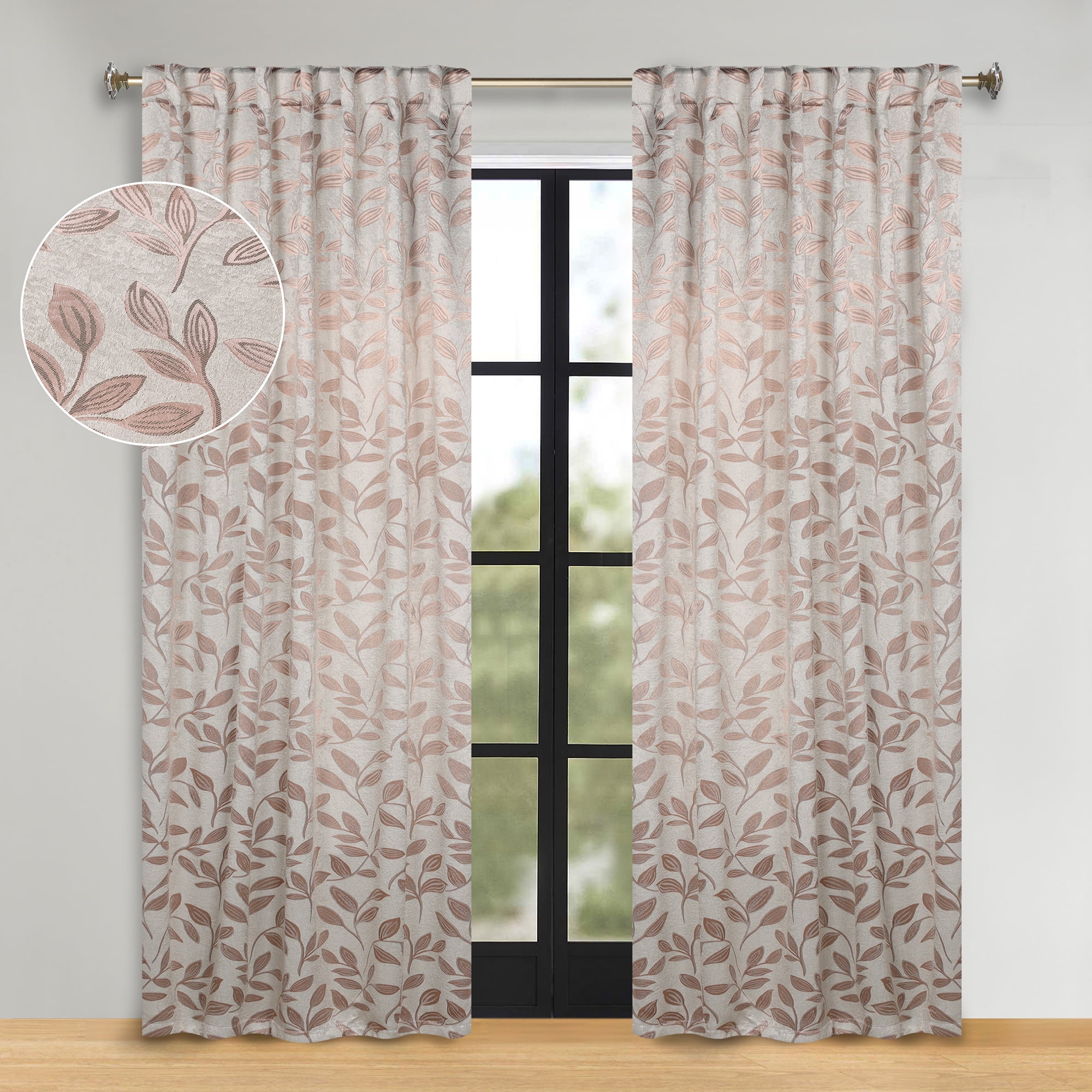 Superior Blackout Leaves Back Tab Curtains Set of 2, Light Filtering Curtain Panel Set, Bronze, 52"W x 96"L
