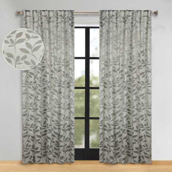 Superior Blackout Leaves Back Tab Curtains Set of 2, Light Filtering Curtain Panel Set, Sage, 52"W x 96"L
