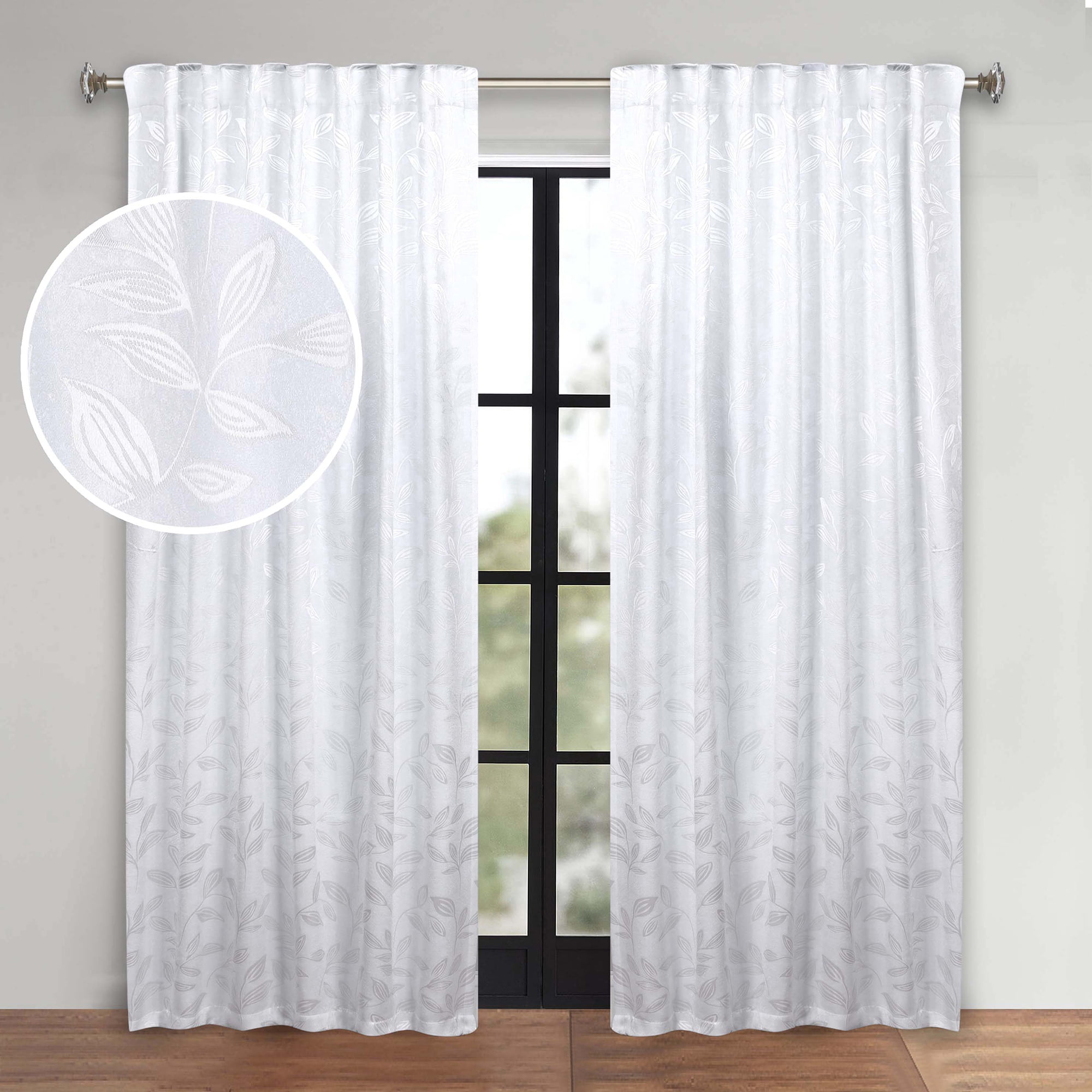 Superior Blackout Leaves Back Tab Curtains Set of 2, Light Filtering Curtain Panel Set, White-White, 52"W x 96"L