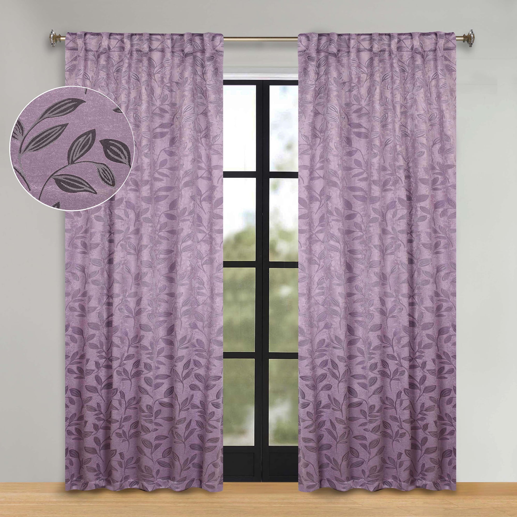 Superior Blackout Leaves Back Tab Curtains Set of 2, Light Filtering Curtain Panel Set, Wisteria, 52"W x 96"L