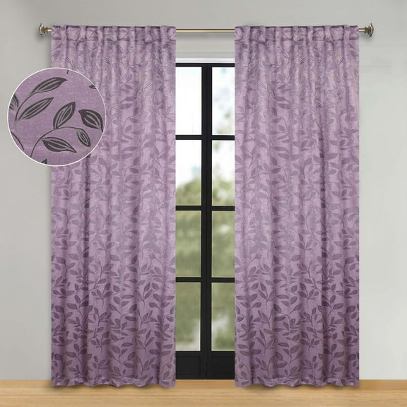Superior Blackout Leaves Light Filtering Back Tab Curtain Panel Set, 52"x96", Wisteria