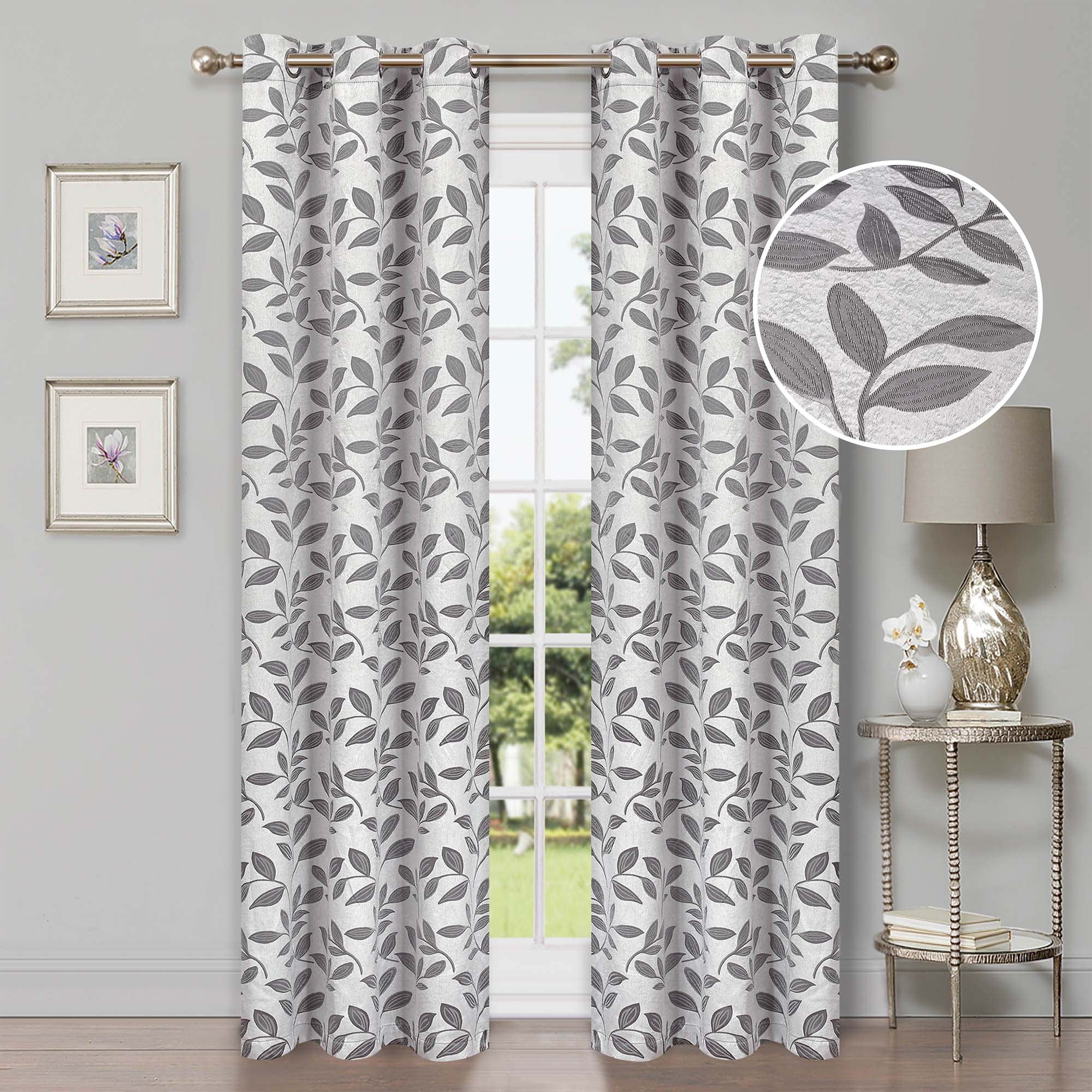 Superior Blackout Leaves Curtains Set of 2, Light Filtering Grommet Curtain Panel Set, Grey, 42"W x 108"L