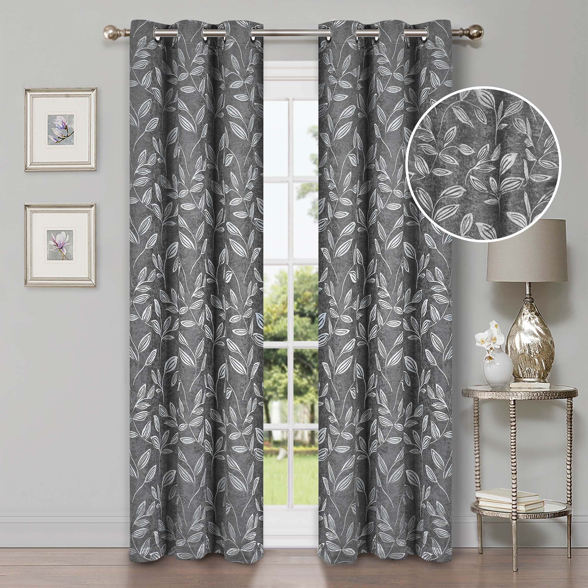 Superior Blackout Leaves Curtains Set of 2, Light Filtering Grommet Curtain Panel Set, Nickel Black, 42"W x 108"L