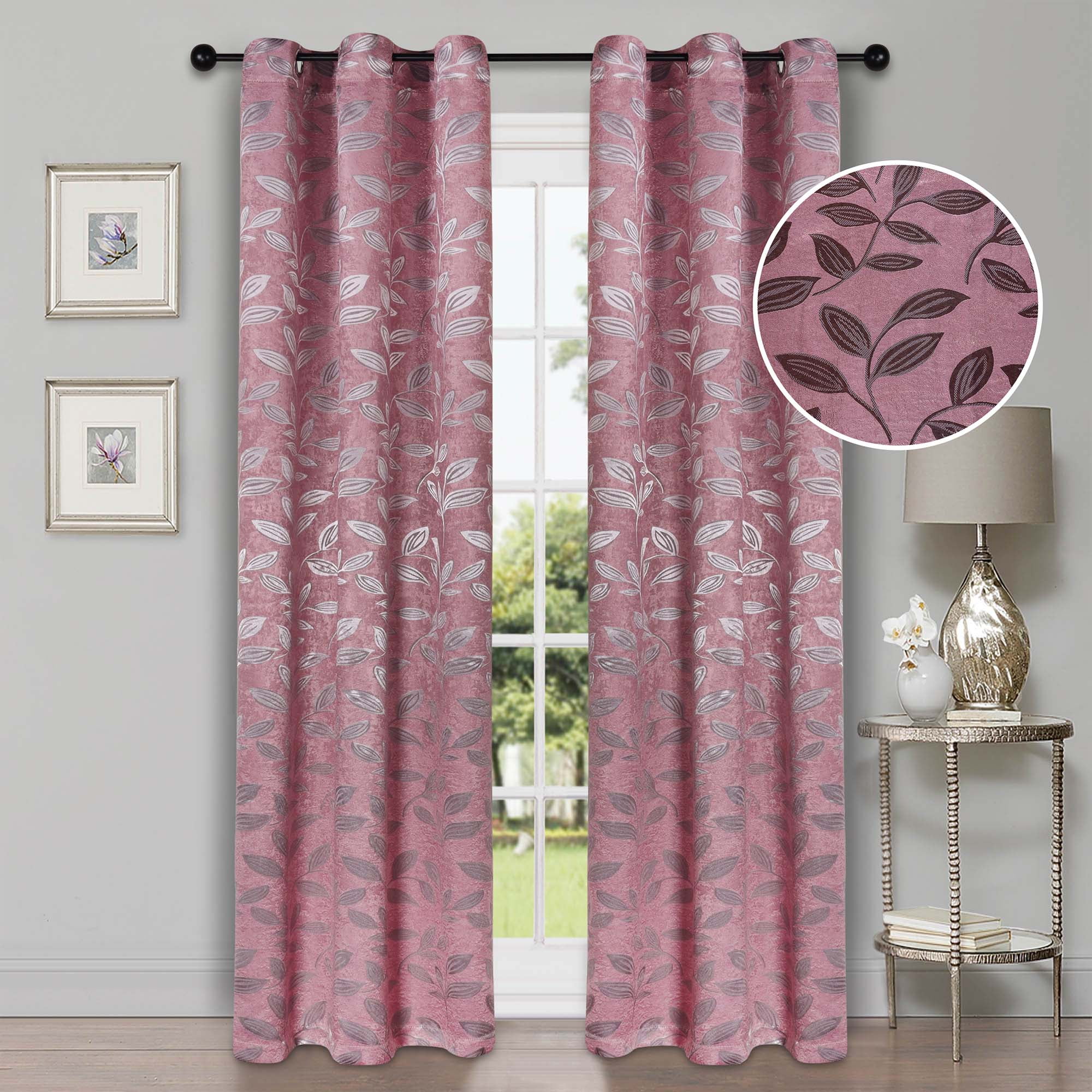 Superior Blackout Leaves Curtains Set of 2, Light Filtering Grommet Curtain Panel Set, Blush, 42"W x 63"L