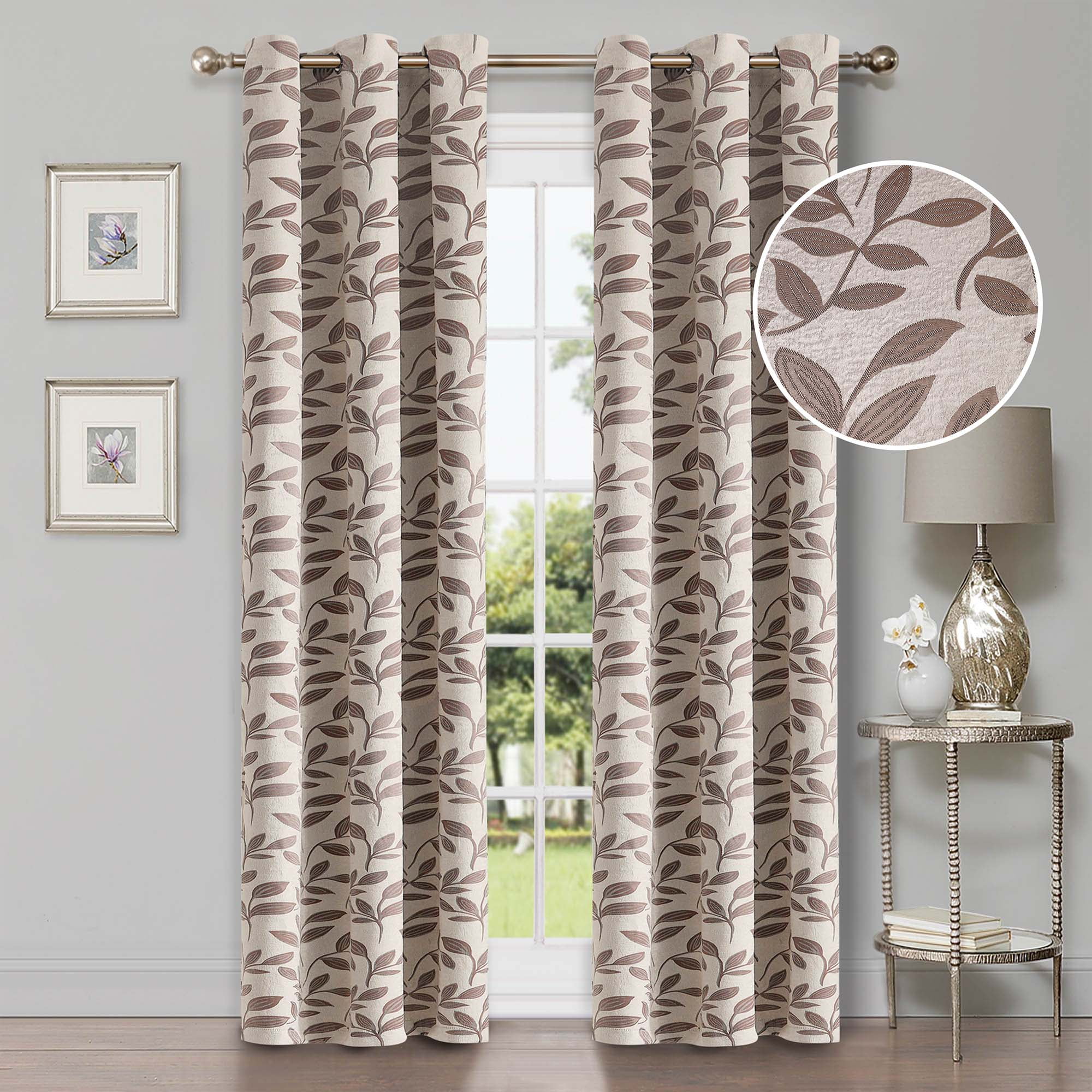 Superior Blackout Leaves Curtains Set of 2, Light Filtering Grommet Curtain Panel Set, Espresso, 42"W x 63"L