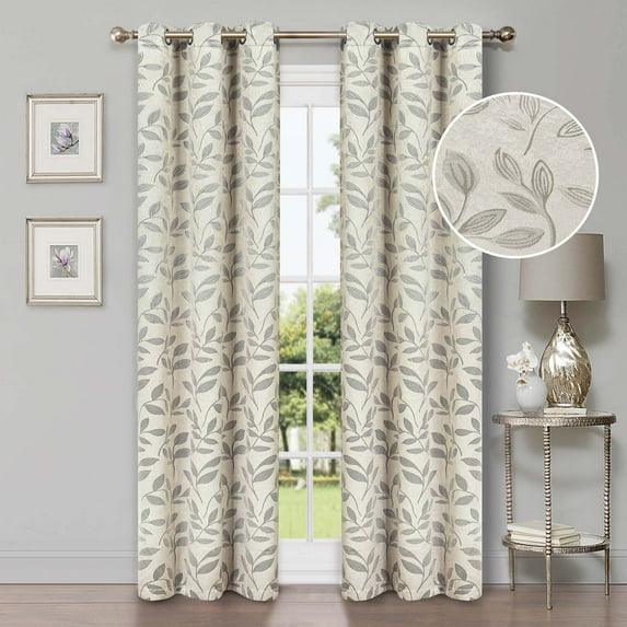Superior Blackout Leaves Light Filtering Grommet Curtain Panel Set, 42"x63", Ivory